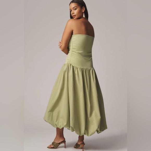 NWT! Anthro Sage Green Mare Mare Strapless Drop-Waist Bubble Midi Dress 🔴🐚🖼️ - Picture 6 of 11